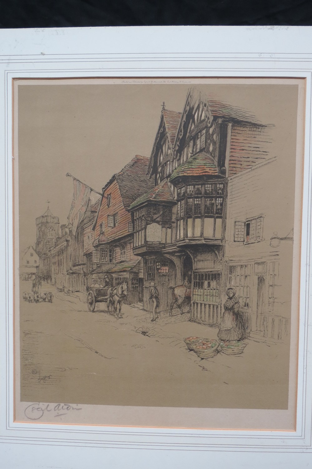 Cecil Aldin, `High Street, Salisbury with George Inn and St Thomas` church` print, signed lower