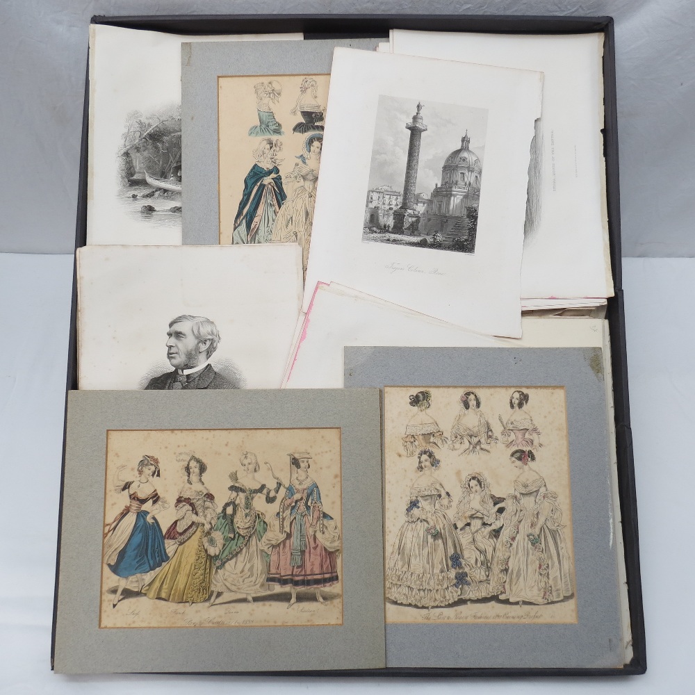 A folio containing a quantity of 18th and 19thC steel engravings and coloured prints.