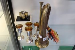 A BRASS CORNET AND AN INGERSOLL WRISTWATCH, CASED, FOUR SILVER PLATE GOBLETS, ETC