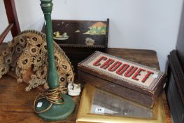 A VINTAGE TABLE CROQUET GAME, A MIRROR, BOOKSHELF, LAMP,ETC