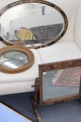 A CHINOISERIE DECORATED OVAL WALL MIRROR, A CONVEX MIRROR AND AN INLAID OAK DRESSING MIRROR