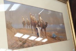 A LARGE WATERCOLOUR EASTERN CAMEL TRAIN