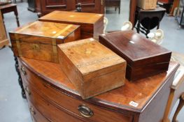 FOUR VICTORIAN MAHOGANY AND OTHER INLAID WRITING BOXES