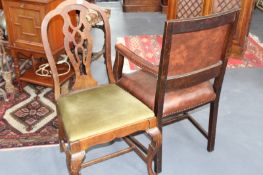 A 19TH.C.MAHOGANY SIDE CHAIR ON CABRIOLE LEGS AND A LATER UPHOLSTERED DESK ARMCHAIR