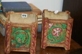 A PAIR OF ARTS AND CRAFTS MAJOLICA SQUARE FORM PLANTERS BY GEORGE SKEY, TAMWORTH