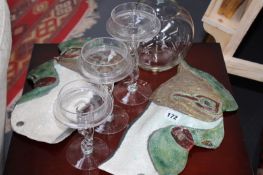 A PAIR OF JOHN ALLEN STUDIO POTTERY WALLMASKS AND VARIOUS GLASSWARE,ETC