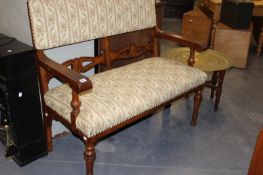 A VICTORIAN OAK HALL SETTLE AND A BENARES TABLE
