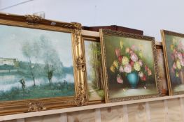 FOUR MODERN OIL PAINTINGS, A PAIR OF SIGNED POLITICAL PRINTS AND A GILT FRAMED PICTURE AFTER KORO