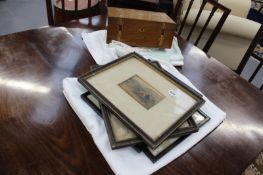 VARIOUS TABLE LINENS, A SET OF PRINTS AND A VICTORIAN WORK BOX