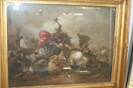 A 19TH.C.COLOURED SAND PICTURE EASTERN BATTLE SCENE