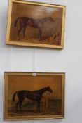 A PAIR OF OILEOGRAPHS RACE HORSES IN GILT FRAMES