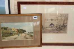 AN EARLY 20TH.C.ETCHING NORTH AFRICAN SCENE AND A SIMILAR WATERCOLOUR