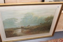 A LARGE GILT FRAMED PRINT CATTLE WATERING