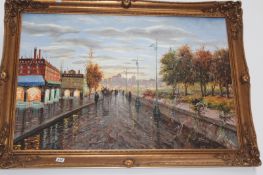 A LARGE OIL ON CANVAS STREET SCENE