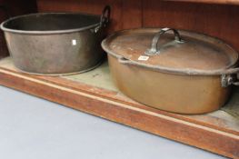 TWO LARGE 19TH.C.COPPER PANS, A BRASS LIDDED PAN AND A PLANTER