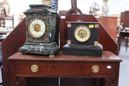 A VICTORIAN GREEN VEINED MARBLE STRIKING MANTLE CLOCK WITH FRENCH MOVEMENT AND A SIMILAR PERIOD