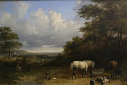 JOHN DEERMAN. OIL ON CANVAS STUDY OF HORSES, PIGS AND FOWL IN WOODED LANDSCAPE WITH DISTANT VIEWS