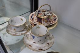 A 19TH CENTURY POT POURRI CASKET, TWO INSECT DECORATED CUPS AND SAUCERS ETC
