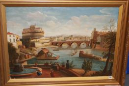 A LARGE 19TH.C.OIL ON CANVAS EUROPEAN RIVERSIDE TOWNSCAPE