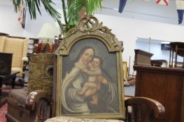 AN ANTIQUE OIL ON CANVAS IN CARVED FRAME VIRGIN AND CHILD