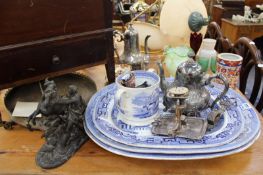 A QTY OF BLUE AND WHITE MEAT PLATES, CHINA AND GLASSWARE,ETC