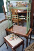 A SMALL ROSEWOOD SIDE TABLE, A TOWEL RAIL AND A CABRIOLE LEG PIANO STOOL