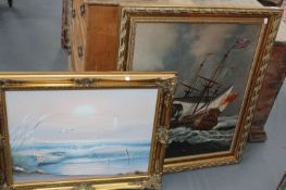 A LARGE OILEOGRAPH SAILING SHIPS AND A MODERN OIL PAINTING