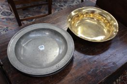 TWO 18TH.C.PEWTER BOWLS AND A SIMILAR PERIOD BRONZE BOWL