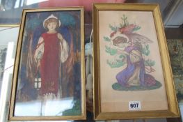 TWO ARTS AND CRAFTS PERIOD WATERCOLOUR DRAWINGS INSCRIBED INDISTINCTLY