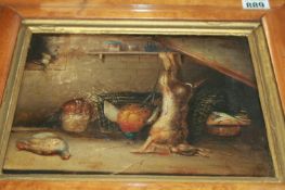 A 19TH.C.OIL ON CANVAS STUDY OF GAME IN LARDER TOGETHER WITH AN OIL ON WOOD PANEL OF A KITCHEN