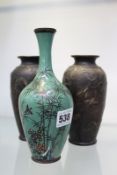 A JAPANESE CLOISONNE VASE AND A PAIR OF BRONZE INLAID VASES