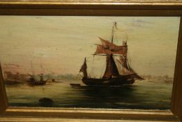 A 19TH.C.OIL ON PANEL OF SHIPPING SIGNED M T.  13.5X21 CMS