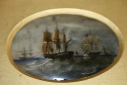 A 19TH.C.ENGLISH SCHOOL SAILING SHIPS IN STORMY SEAS. MINIATURE OVAL WATERCOLOUR