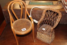 A THONET BENTWOOD DOLL`S CHAIR AND A WICKER DOLL`S CHAIR
