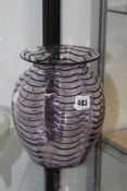 A WHITEFRIARS CLEAR GLASS VASE WITH PURPLE RIBBED DECORATION, 21CM HIGH