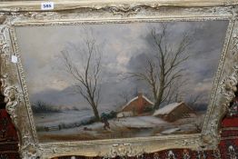 AN OIL ON CANVAS SNOWY LANDSCAPE WITH FIGURE SHOOTING. 49X59 CMS