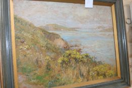 ERNEST WALBOURN (1872-1927) A COASTAL VIEW PROBABLY CORNWALL, INITIALLED OIL ON PANEL. 35 x 47cms