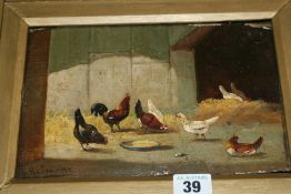 A SET OF FOUR OIL ON PANEL PAINTINGS DEPICTING CHICKENS