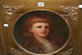 A 19TH.C.CIRCULAR OIL PORTRAIT OF A YOUNG GIRL. 35 CMS DIAMETER