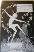 A MONOCHROME INK ILLUSTRATION OF A DANCING GIRL BY FRED ADLINGTON. 29X16 CMS AND A RELATED BOOK