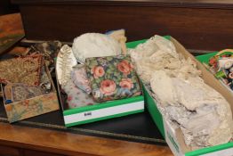 A COLLECTION OF LACE, EMBROIDERED PURSES AND VARIOUS SEWING MATERIALS.