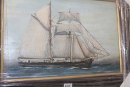 T.P. MORRISSEY, A TWO MASTED SAILING SHIP AT SEA, SIGNED, OIL ON BOARD, 29.5 X 44.5CM.