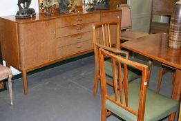 A GORDON RUSSELL TEAK AND INDIAN LAUREL DINING SUITE CIRCA 1960 DESIGN NO.R805 COMPRISING