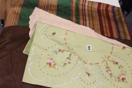 VARIOUS PRINTED SILKS AND COTTON LENGTHS TOGETHER WITH A FLORAL EMBROIDERED COVER