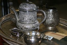 AN EASTERN WHITE METAL COFFEE POT, JUG AND BOWL AND VARIOUS PLATEDWARE