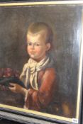 A 19TH CENTURY SCHOOL, PORTRAIT OF A YOUNG BOY HOLDING A BOWL OF CHERRIES, OIL ON CANVAS, 62 X 52CM