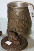 A VICTORIAN TOBACCO JAR DECORATED WITH FLEMISH SCENES OF MERRYMAKERS, FIGURAL LIFT TOP