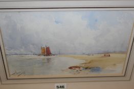THOMAS BUSH HARDY (1842-1897) SHIPS ON A BEACH SIGNED WATERCOLOUR. 19X29.5 CMS