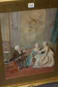 G R MORETTI (19TH.C.) MUSICIAN AND LADIES SIGNED WATERCOLOUR. 52X36 CMS