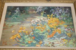 DOROTHEA SHARP (1874-1955) ARR THE GARDEN PATH, OIL ON PANEL, TITLED ON LABEL VERSO, WITH SIMILAR